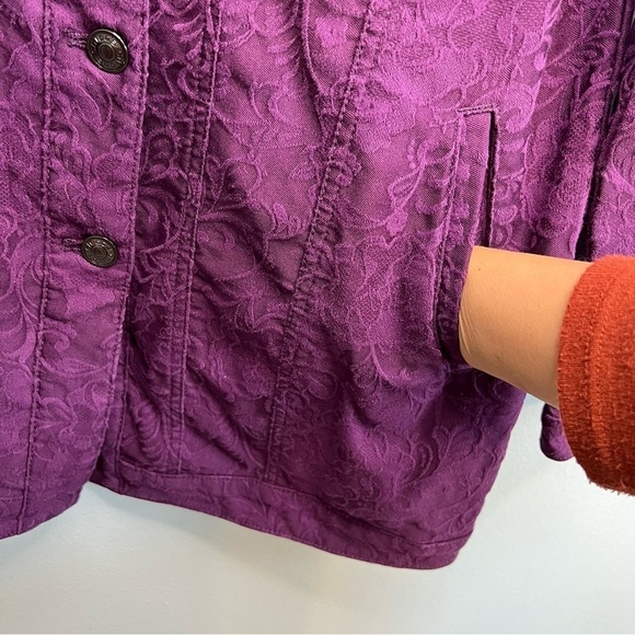 Chico’s Elongated Jacquard Denim Jacket Purple Sz S / Sz 4 / Sz 6 Long Fit - Picture 6 of 13